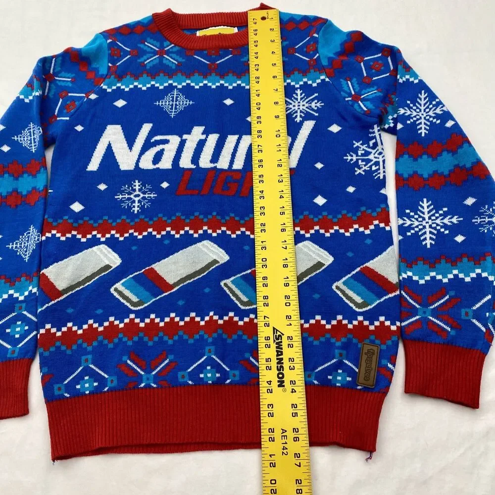 Tipsy Elves Ugly Christmas Sweater Mens Small Blue Red Natural Light Beer Party